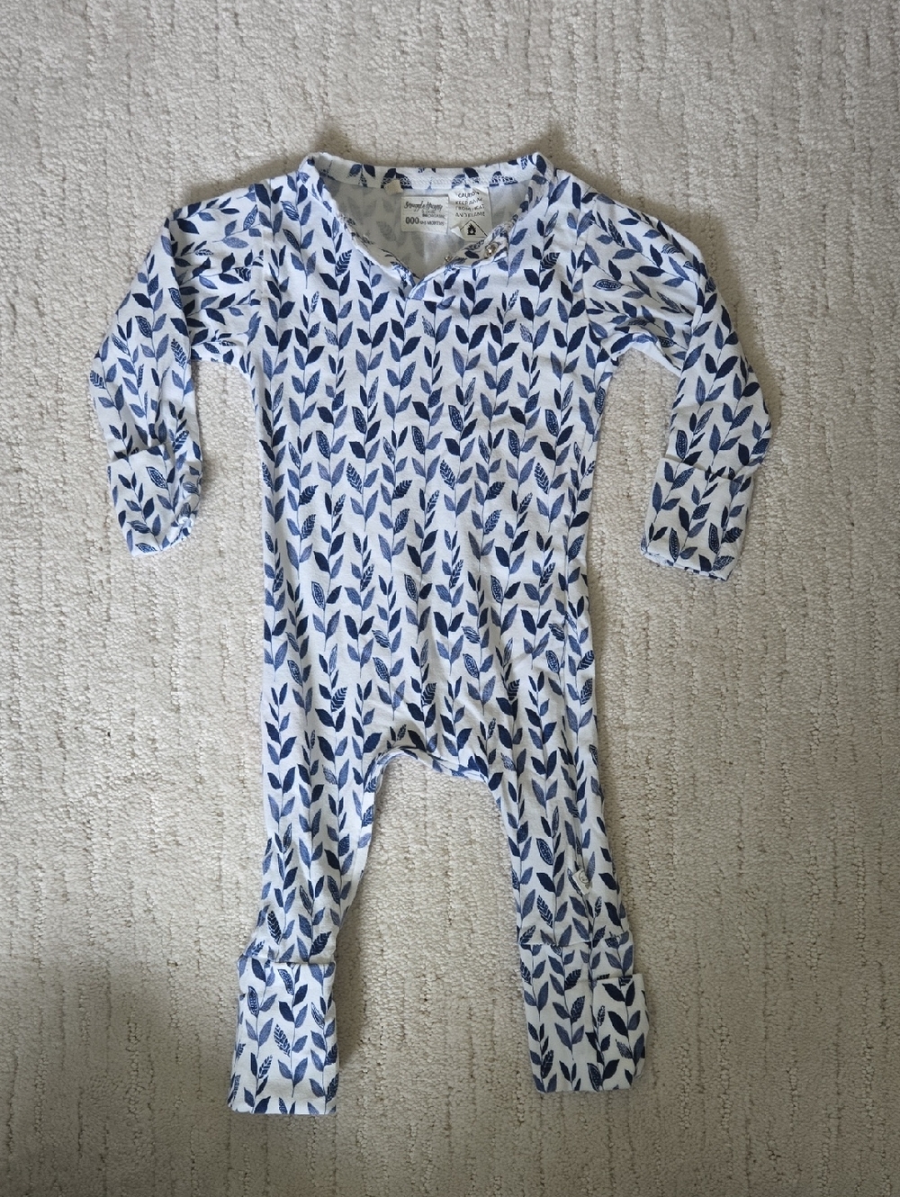 SNUGGLE HUNNY • One-Piece Romper in Blue Leaf Print, 0-3M
